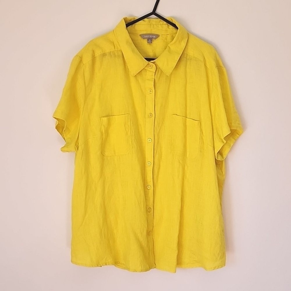 Suzanne Grae Button Down Shirt Women XL (18) Yellow 100% Linen Coastal Summer